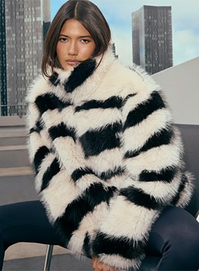 Zebra Print Faux Fur Funnel Neck Jacket